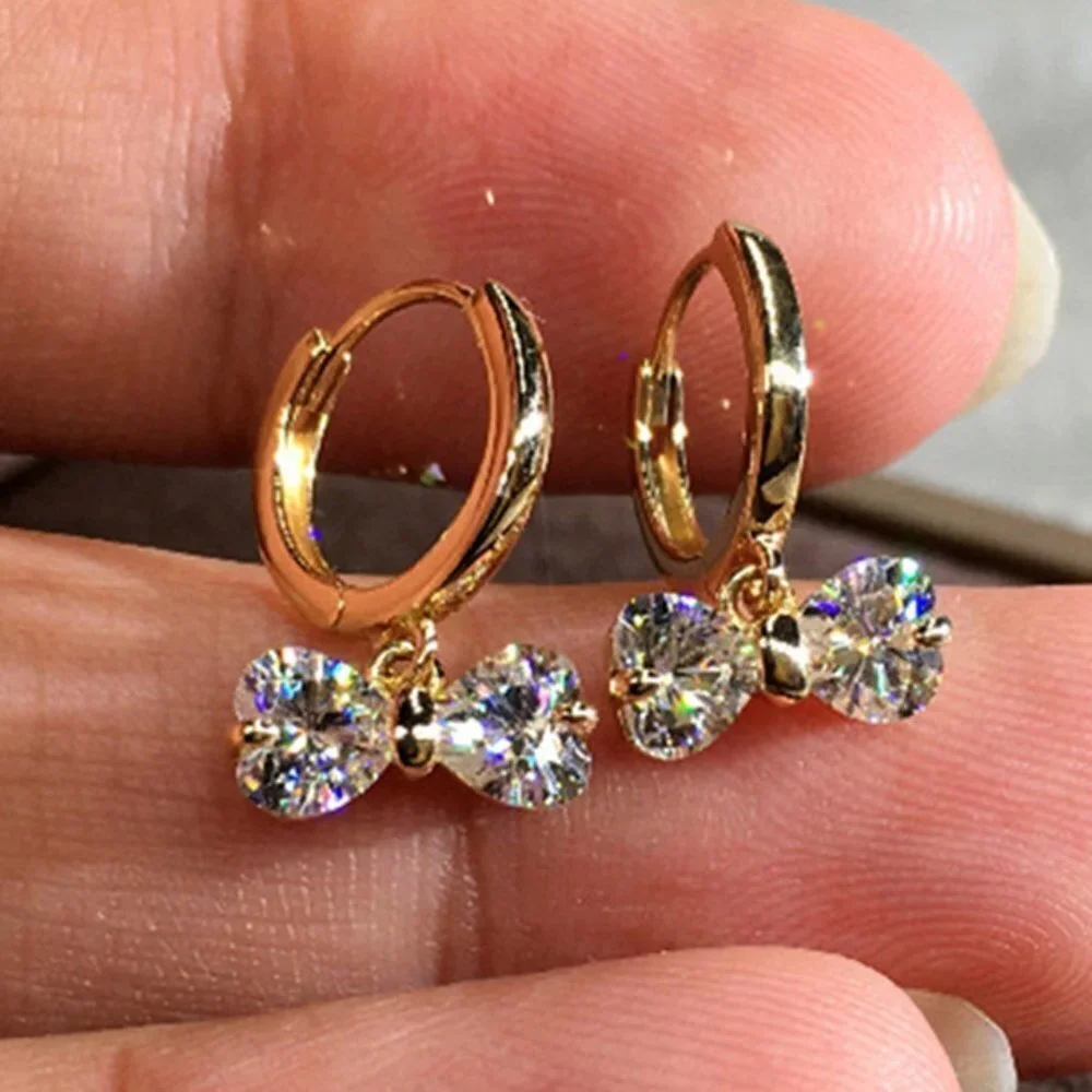 💞18K Gold Hoop Huggies Exquisite Crystal Bowknot Drop Dangle Earrings,UNVN12488